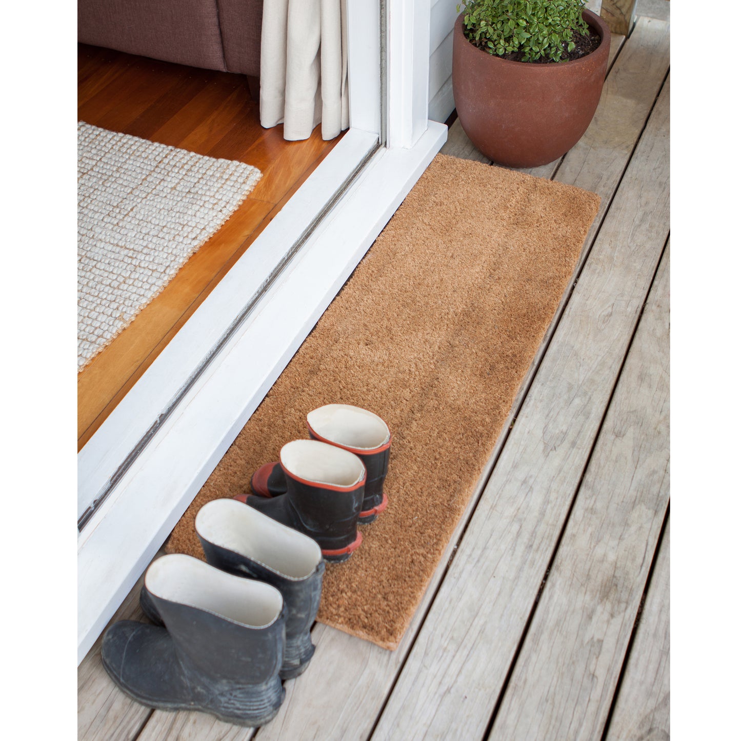 100% Natural Coconut Fibre (Coir). Keep the mud and dirt at the doorstep. These tough door mats are very hard-wearing and have a thick bristle to brush. The best for the job. Made in India. Available in 7 sizes.